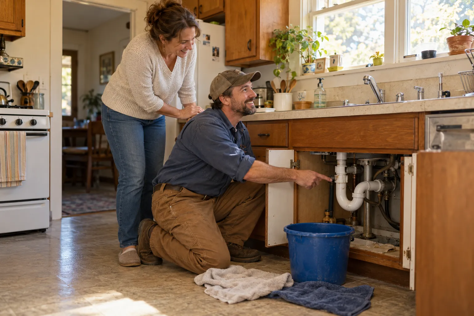 A friendly local plumbing provider checking pipes under a kitchen sink in a Kansas City home