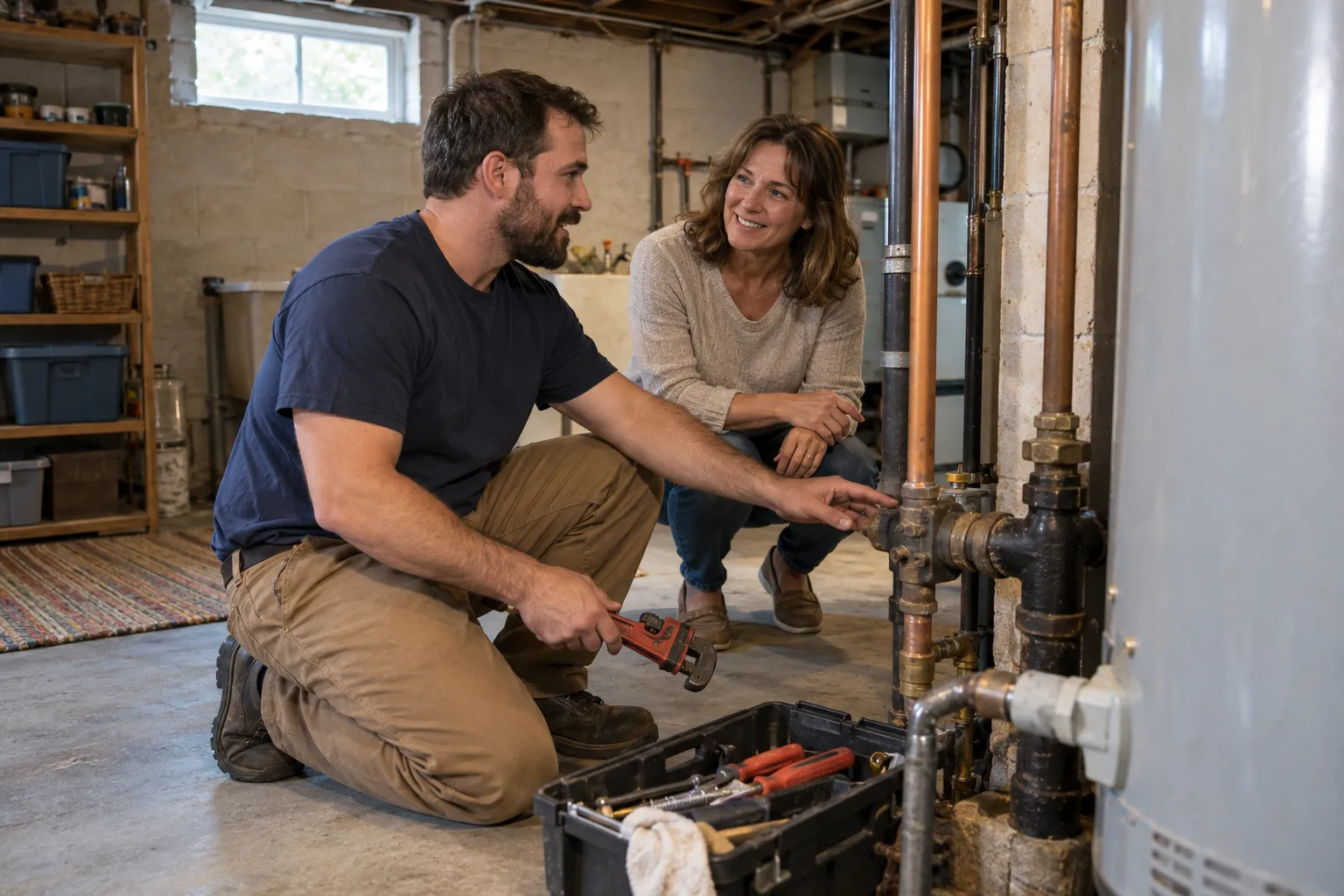 A homeowner talking calmly with a local plumbing provider in a basement in Kansas City